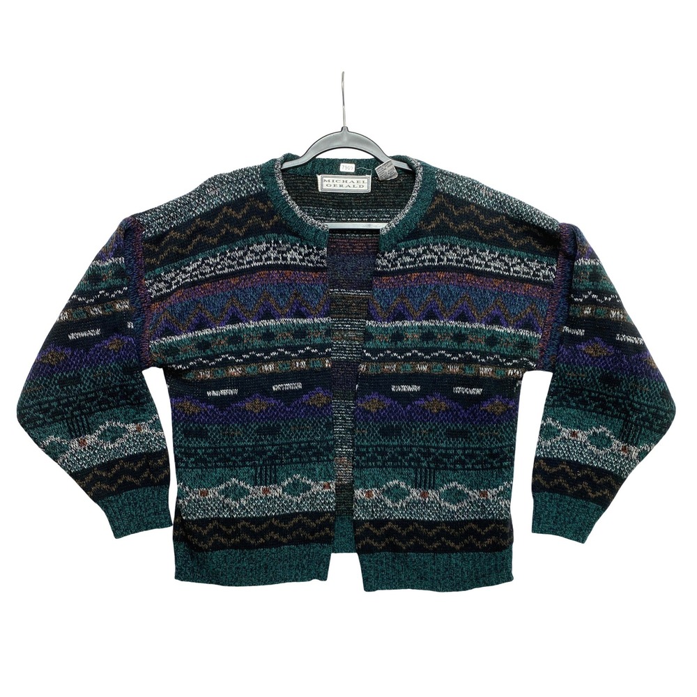 VINTAGE Michael Gerald Cardigan WomenS L Black White Green Sweater Geometric